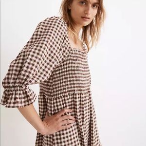 Madewell Lucie Elbow-Sleeve Smocked Midi Dress in Gingham